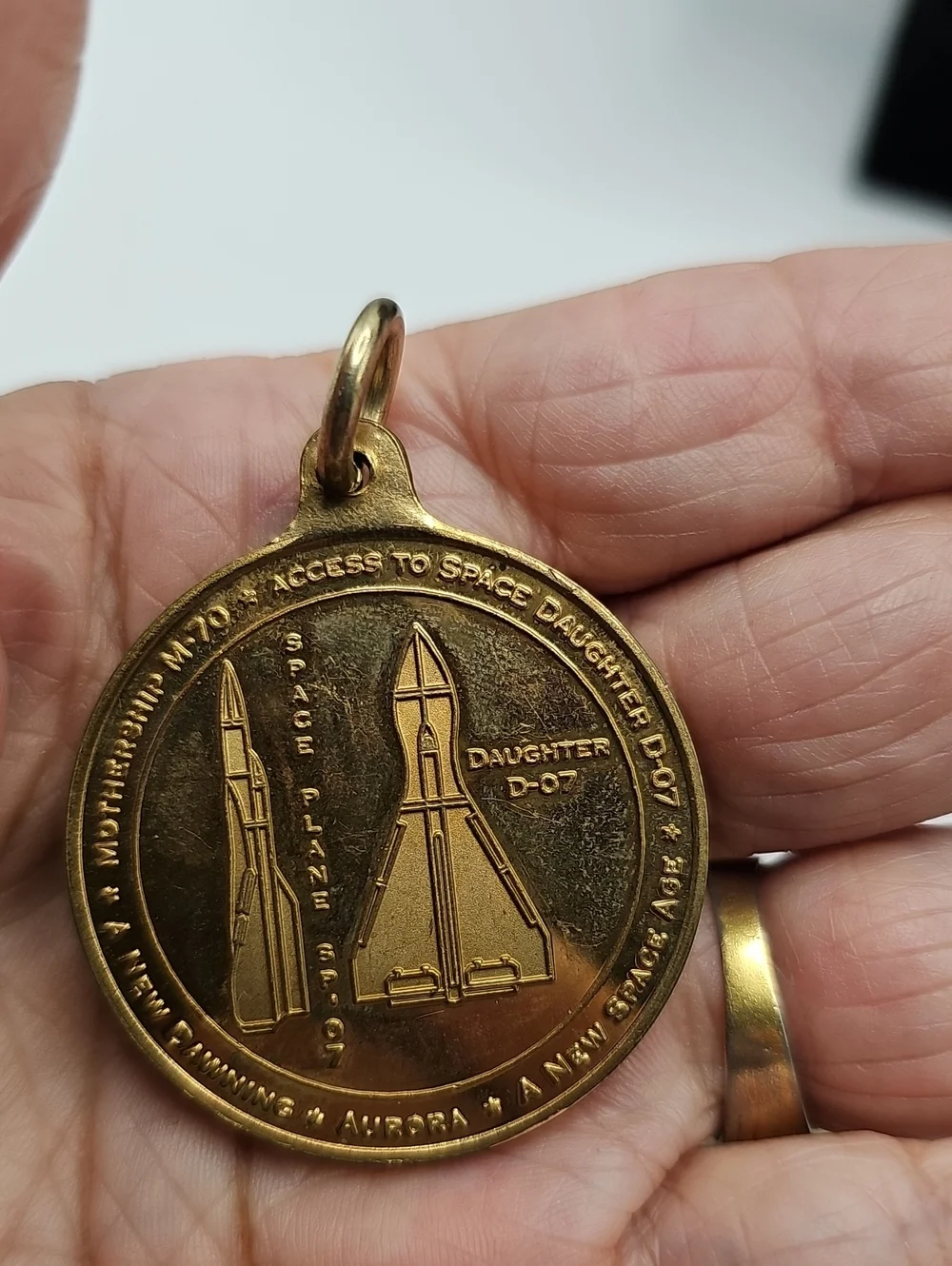 Vintage 1989 James Petty M-70 Mothership Medal Pendant Mens OS Gold Space Rocket